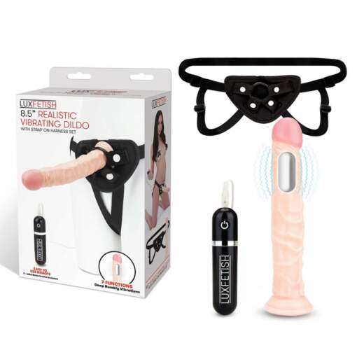 Lux Fetish 8 point 5 inch realistic vibrating dildo strap on harness set Light Flesh LF1374 4890808233757 Multiview