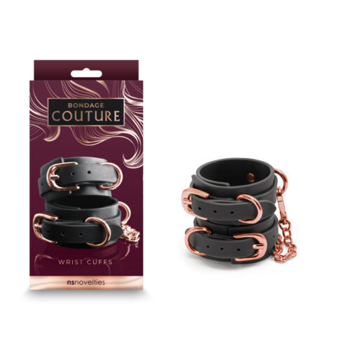 NS Novelties Bondage Couture Wrist Cuffs Black Rose Gold NSN 1306 33 657447104565 Multiview