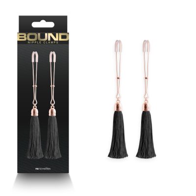 NS Novelties Bound T1 Tweezer style Nipple Clamps with Tassels Rose Gold Black NSN 1302 23 657447106835 Multiview