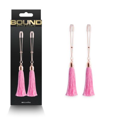 NS Novelties Bound T1 Tweezer style Nipple Clamps with Tassels Rose Gold Pink NSN 1302 24 657447106859 Multiview