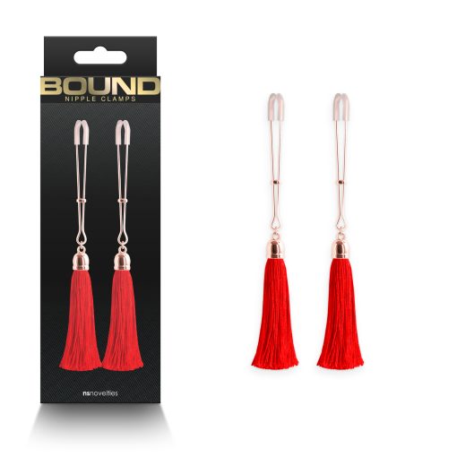 NS Novelties Bound T1 Tweezer style Nipple Clamps with Tassels Rose Gold Red NSN 1302 26 657447106873 Multiview