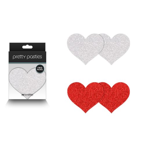 NS Novelties Pretty Pasties 2 Pair Nipple Pasties Glitter Hearts Silver Red NSN 1202 12 657447107832 Multiview