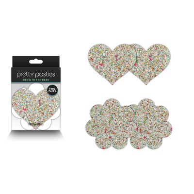 NS Novelties Pretty Pasties 2 Pair Nipple Pasties Hearts And Flowers Glittery Glow In The Dark NSN 1201 01 657447107764 Multiview