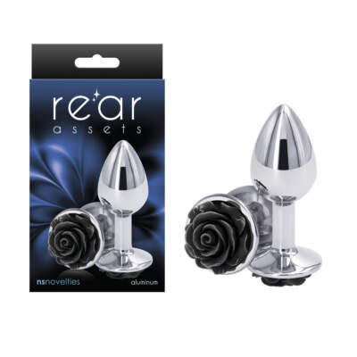 NS Novelties Rear Assets Rose Metal Butt Plug Small Silver Black NSN 0965 13 657447103568 Multiview