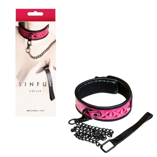 NS Novelties Sinful 2 Inch Wide Vinyl Collar with Chain Leash Pink Black NSN 1222 14 657447091667 Multiview