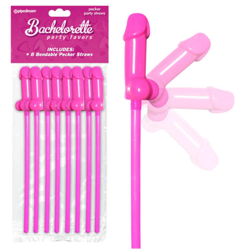 Pipedream Bachelorette Party Bendable Pecker Straws Penis Straws 8 Pack Pink PD6614 00 603912747942 Multiview