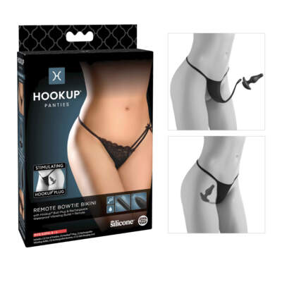 Pipedream Hookup Panties Remote Bowtie Bikini Plug S L Black PD4821 23 603912767568 Boxview