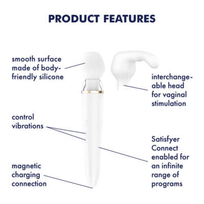 Satisfyer Double Wand er App enabled Wand Vibrator with Interchangeable Heads White SATDBLWNDR 4061504001791 Info Detail