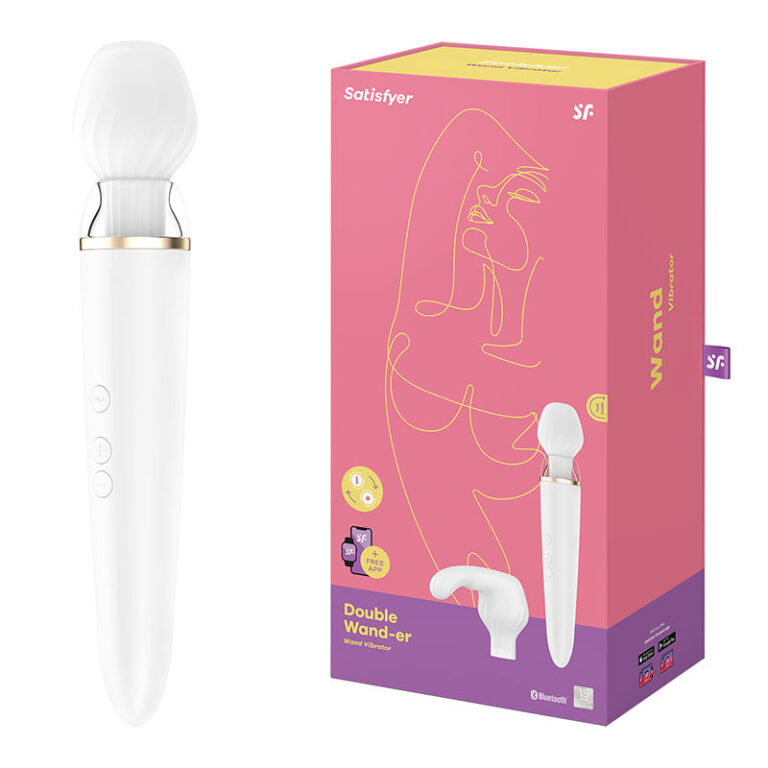 Satisfyer Double Wand er App enabled Wand Vibrator with Interchangeable Heads White SATDBLWNDR 4061504001791 Multiview