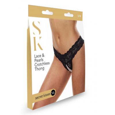 Secret Kisses Lace And Pearls Crotchless Thong M L SK 1014 ML 884472024906 Boxview