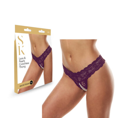 Secret Kisses Lace and Pearl Crotchless Thong Medium Large Purple SK 1014 PUR ML 884472027686 Multiview