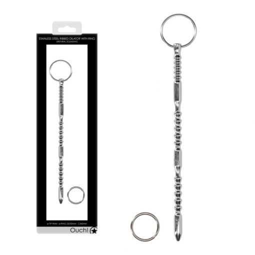 Shots Ouch 8 Inch Stainless Steel Ribbed Urethral Dilator with Ring Silver OU626 7423522555545 Multiview