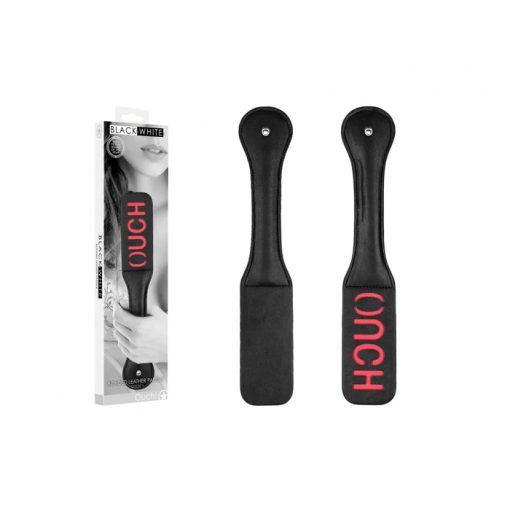 Shots Toys Ouch Black White Bonded Leather Paddle Ouch Black OU695BLK 7423522577554 Multiview