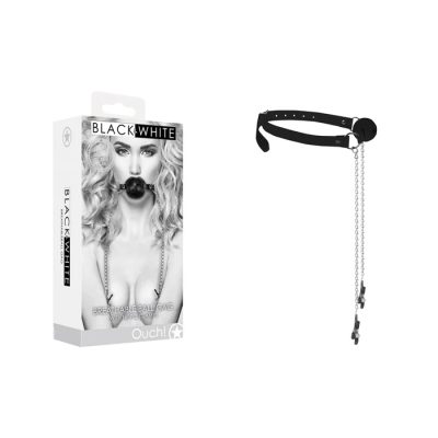 Shots Toys Ouch Black White Breathable Ball Gag With Nipple Clamps Black OU680BLK 7423522576502 Multiview
