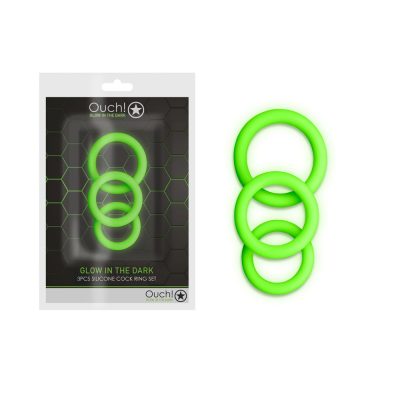Shots Toys Ouch Glow in the Dark 3Pcs Silicone Cock Ring Set Glow in the Dark Green OU731GLO 7423522639627 Multiview