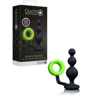 Shots Toys Ouch Glow in the Dark Beaded Butt Plug with Detachable Cock Ring Black Glow in the Dark Green OU724GLO 7423522638644 Multiview