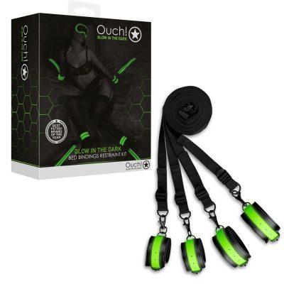 Shots Toys Ouch Glow in the Dark Bed Bindings Restraint Kit Black Glow in the Dark Green OU748GLO 7423522641606 Multiview