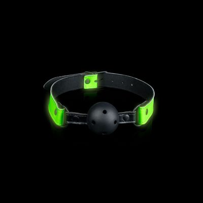 Shots Toys Ouch Glow in the Dark Bonded Leather Breathable Ball Gag Black Glow in the Dark Green OU758GLO 7423522642610 Detail