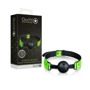 Shots Toys Ouch Glow in the Dark Bonded Leather Breathable Ball Gag Black Glow in the Dark Green OU758GLO 7423522642610 Multiview