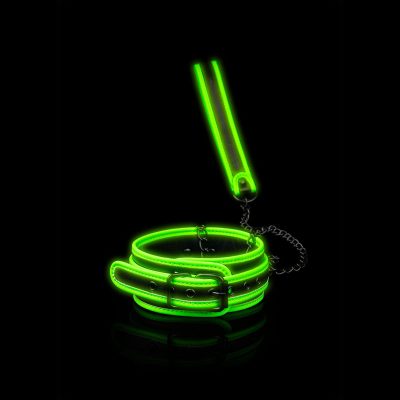 Shots Toys Ouch Glow in the Dark Bonded Leather Collar and Leash Black Glow in the Dark Green OU755GLO 7423522641682 Detail