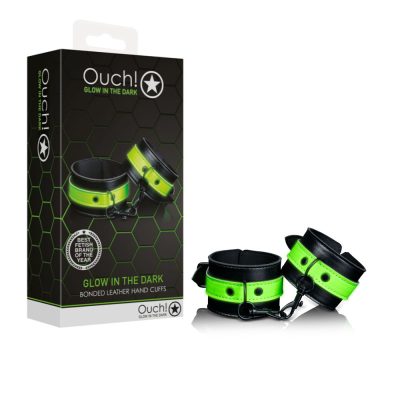 Shots Toys Ouch Glow in the Dark Bonded Leather Hand Cuffs Black Glow in the Dark Green OU750GLO 7423522641620 Multiview
