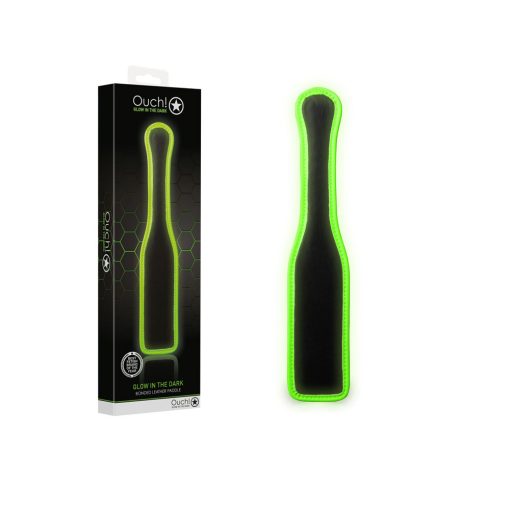 Shots Toys Ouch Glow in the Dark Bonded Leather Paddle Black Glow in the Dark Green OU753GLO 7423522641651 Multiview