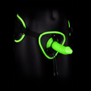 Shots Toys Ouch Glow in the Dark Bonded Leather Strap On Harness 5 point 7 Silicone Dildo Glow in the Dark Green OU764GLO 7423522642672 Detail