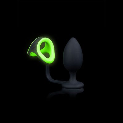 Shots Toys Ouch Glow in the Dark Butt Plug with Detachable Cock Ring and Ball Strap Black Glow in the Dark Green OU726GLO 7423522638668 Detail