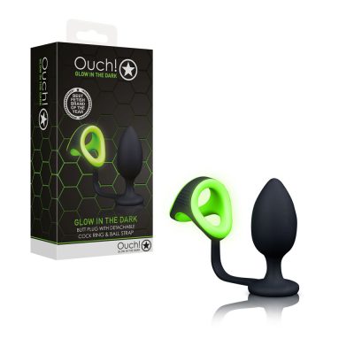 Shots Toys Ouch Glow in the Dark Butt Plug with Detachable Cock Ring and Ball Strap Black Glow in the Dark Green OU726GLO 7423522638668 Multiview