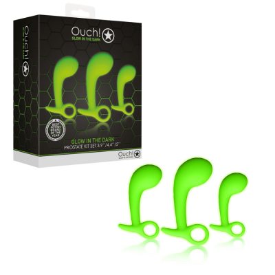 Shots Toys Ouch Glow in the Dark Prostate Kit Set 3Pc P Spot Anal Plugs Glow in the Dark Green OU788GLO 7423522648681 Multiview