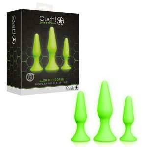 Shots Toys Ouch Glow in the Dark Silicone Butt Plug Set Glow in the Dark Green OU736GLO 7423522639672 Multiview