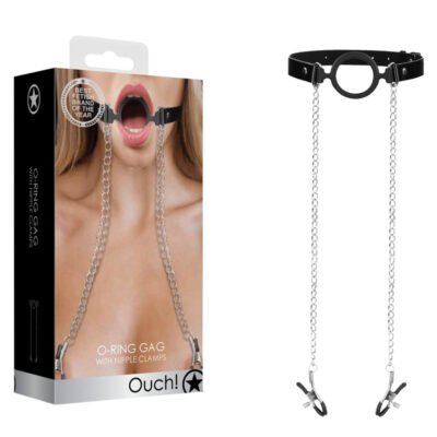 Shots Toys Ouch O Ring Gag with Nipple Clamps Black OU553BLK 7423522486429 Multiview