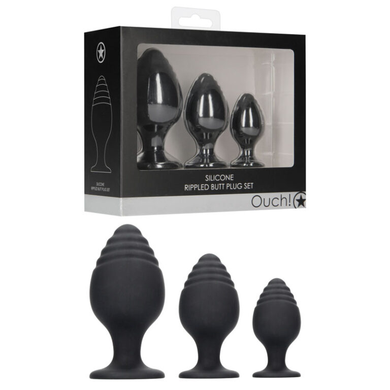 Shots Toys Ouch Rippled Silicone Butt Plug Set Black OU492BLK 8714273925671 Multiview