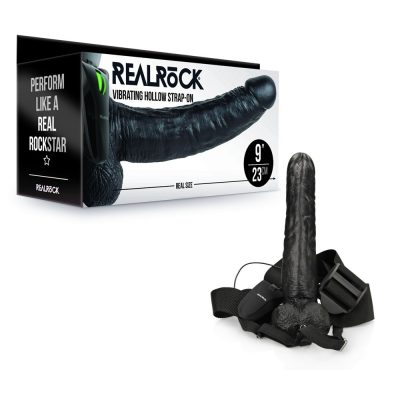 Shots Toys Realrock 9 inch Vibrating Hollow Strap On with Balls Black REA134BLK 8714273521132 Multiview