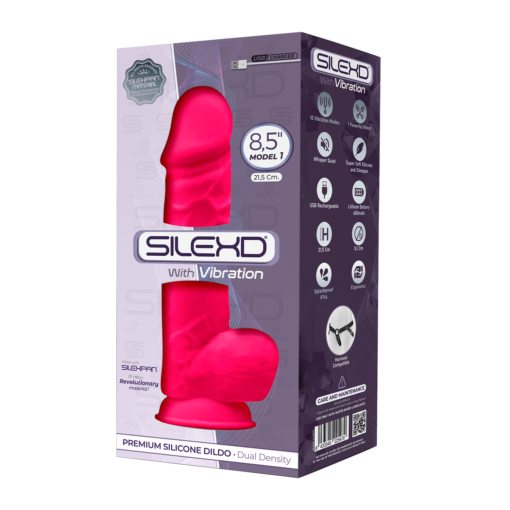 SilexD Thermoreactive Silicone Model 1 8 point 5 inch Vibrating Dong with Balls Hot Pink 225418 8433345225418 Boxview