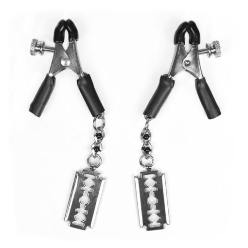 Spartacus Adjustable Nipple Clamps with Razor Blade Charms Silver SPF511 Detail