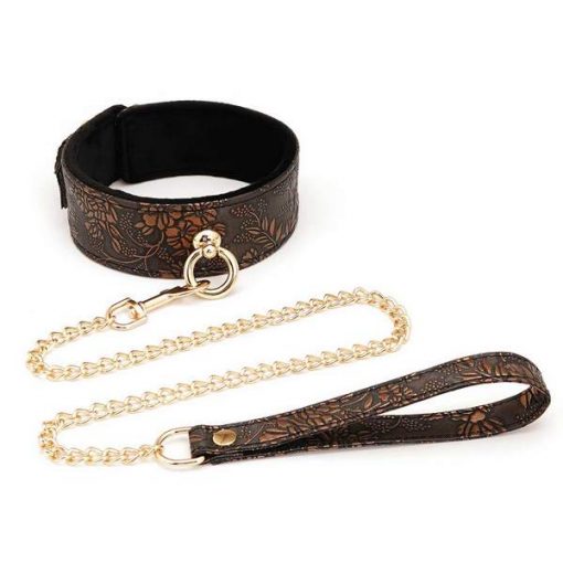 Spartacus Collar and Leash Brown Floral Gold Hardware SPU421BR 669729803448 Detail