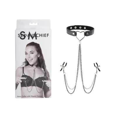 Sportsheets Sex and Mischief Amor Collar with Nipple Clamps Black Silver SS09834 646709098346 Multiview