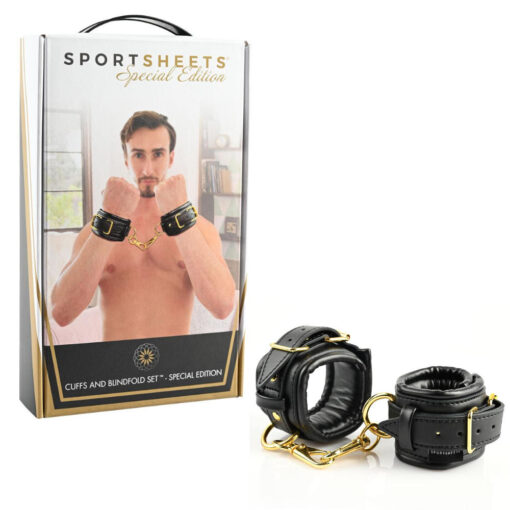 Sportsheets Special Edition Cuffs and Blindfold Black Gold SS02103 646709021030 Multiview