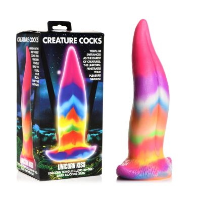XR Brands Creature Cocks Unicorn Kiss 8 point 4 inch Tongue shaped Glow in the Dark Fantasy Dildo Rainbow AH100 848518049902 Multiview