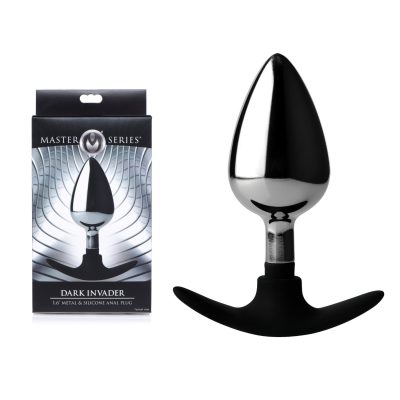 XR Brands Master Series Dark Invader Metal and Silicone Anal Plug Large Chrome Black AG343LARGE 848518036148 Multiview