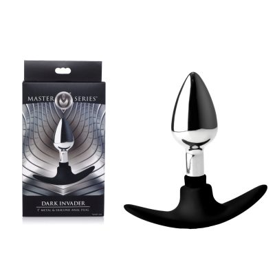 XR Brands Master Series Dark Invader Metal and Silicone Anal Plug Small Chrome Black AG343SMALL 848518036124 Multiview
