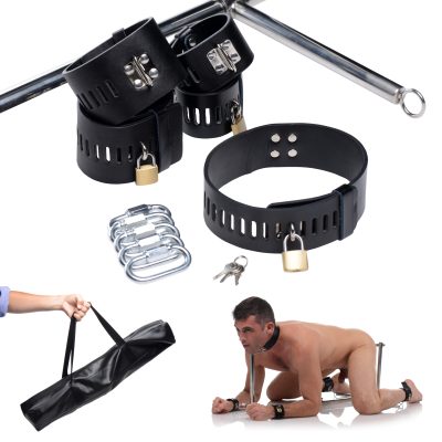 XR Brands Master Series Imprisoned Metal Stockade with Collar Cuffs and Dildo Silver Black AE970 848518024411 Detail