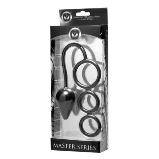 XR Brands Master Series Triple Threat 3 Ring Cock Ring and Butt Plug Black AE321 848518018298 Boxview