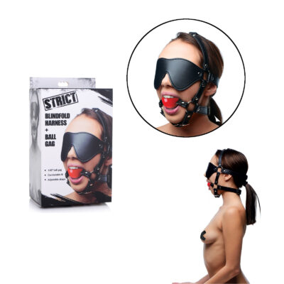 XR Brands STRICT Blindfold Harness and Ball Gag Black Red AG696 848518042958 Multiview