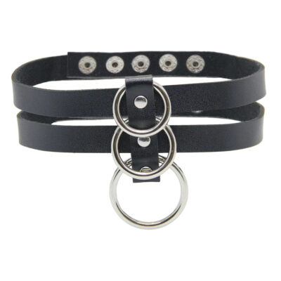love in leather Faux Leather 2 Strap Choker with 3 Rings Black CHO004 3815004000003 Detail
