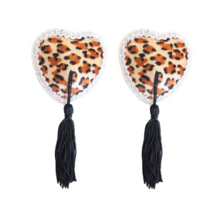 love in leather Heart Shaped Nipple Pasties with Lace Edge Trim and Fabric Tassels Leopar Print Black NIP002LEO 1491600212518 Detail