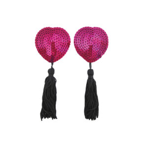 love in leather Heart Shaped Sequin Nipple Pasties with Fabric Tassels Pink Black NIP002PNK 1491600216141 Detail