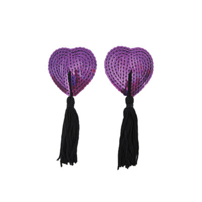 love in leather Heart Shaped Sequin Nipple Pasties with Fabric Tassels Purple Black NIP002PUR 1491600214215 Detail