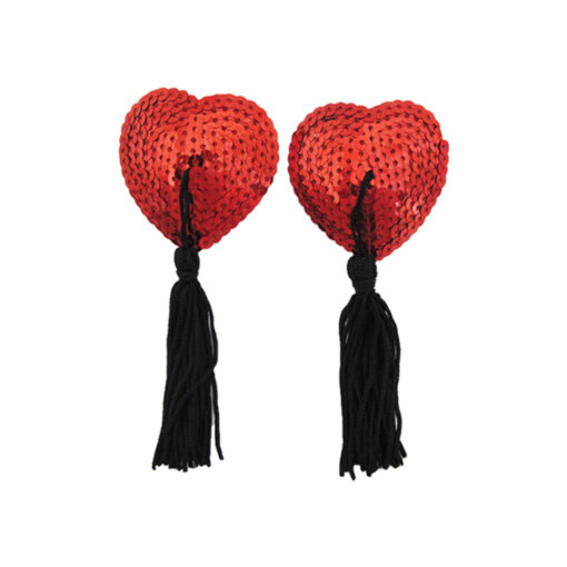 love in leather Heart Shaped Sequin Nipple Pasties with Fabric Tassels Red Black NIP002RED 1491600218541 Detail